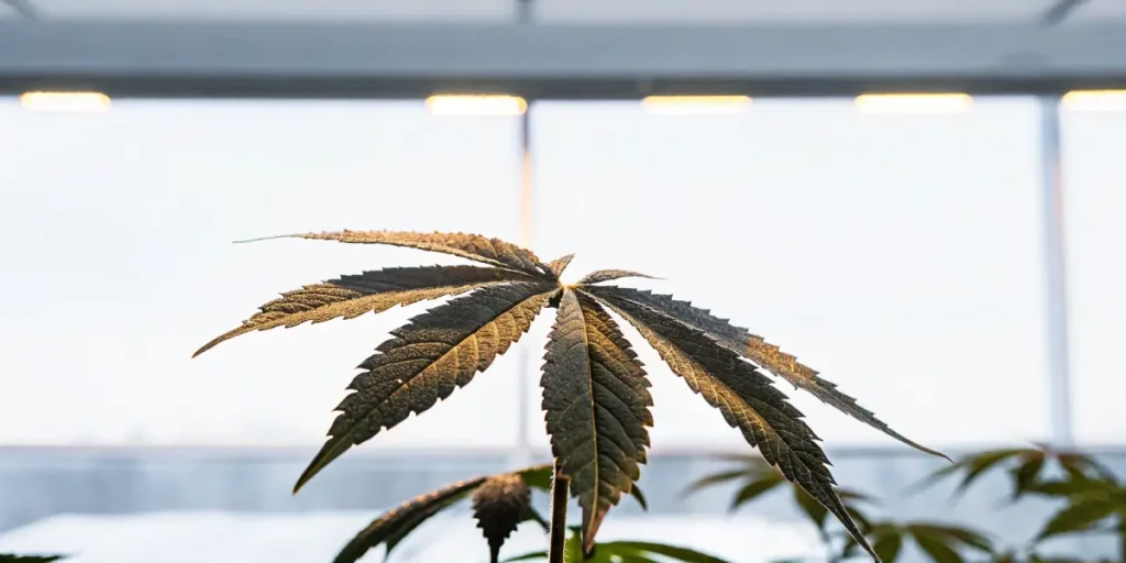 cannabis leaf with morning dew under indoor grow lights