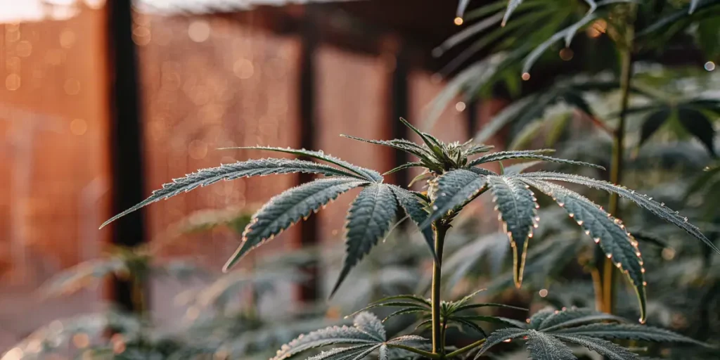 cannabis leaves with morning dew in sunlight
