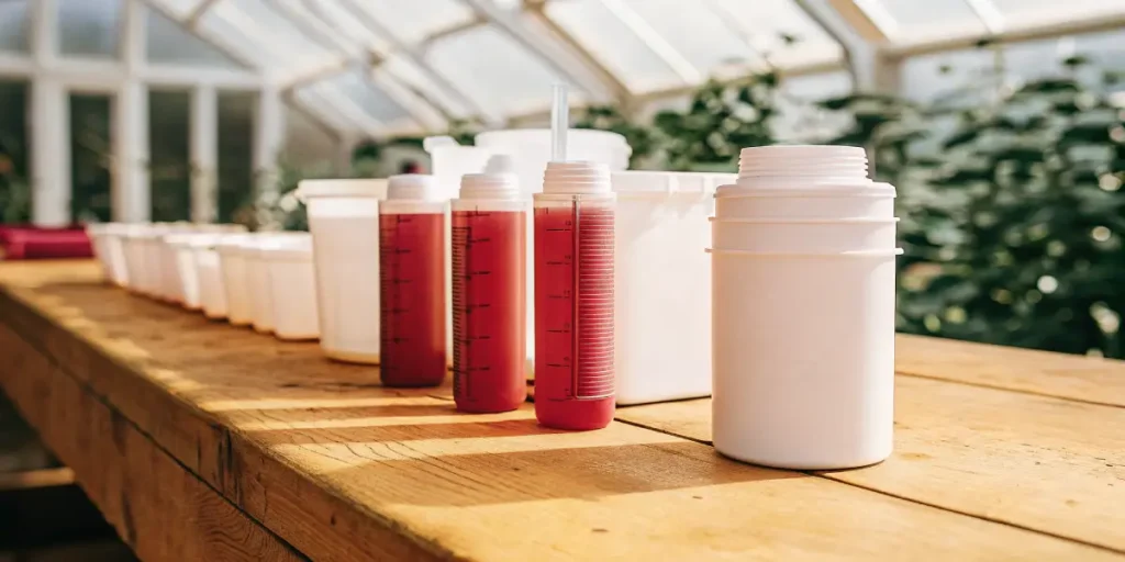 Cannabis liquid nutrients in measuring bottles on a wooden table inside a greenhouse.