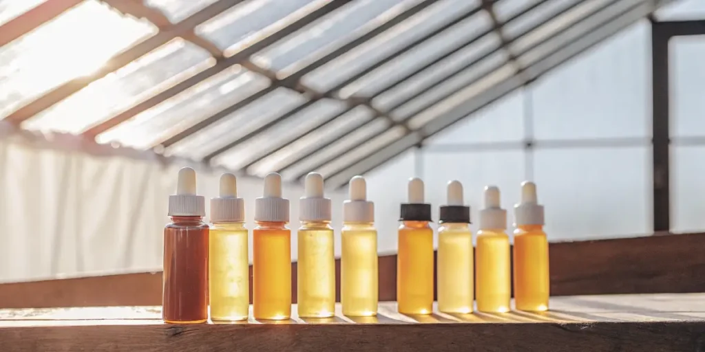 Row of cannabis oil tincture bottles glowing under natural greenhouse sunlight.