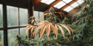 Cannabis plant with orange-tinted leaves growing inside a sunlit greenhouse.