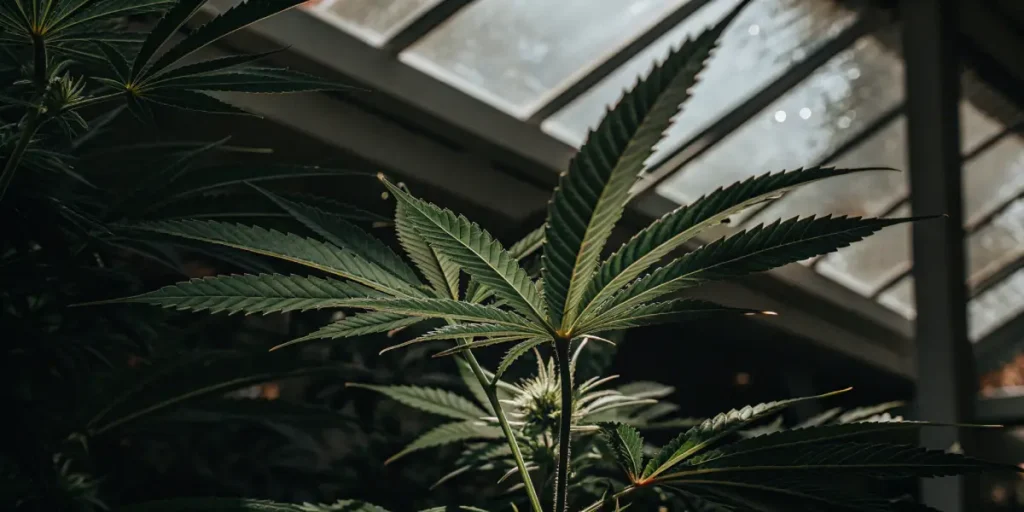 Close-up shot of a cannabis plant inside a dimly lit greenhouse with natural light filtering through the roof.