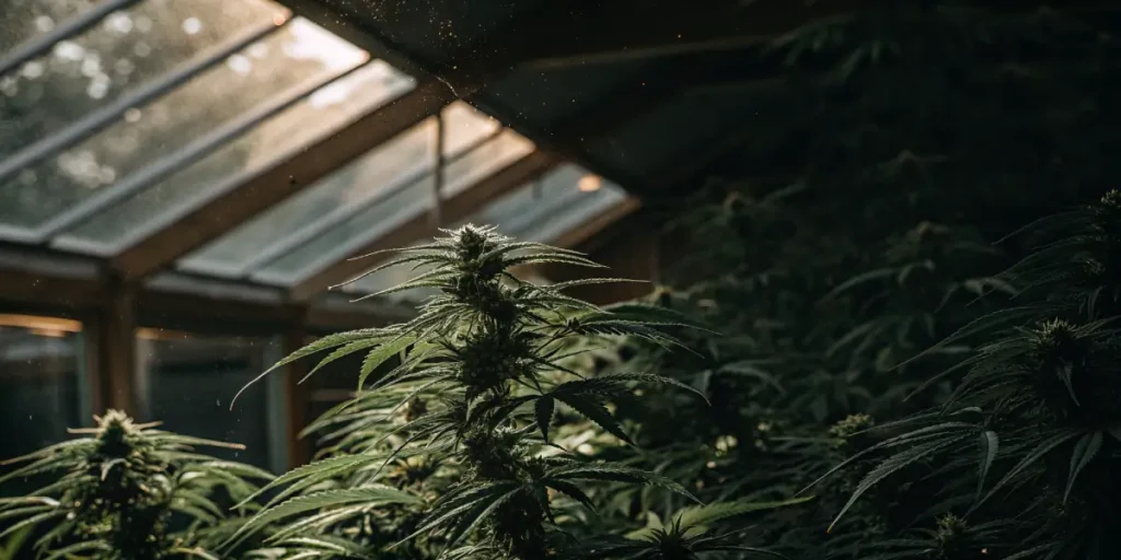 Cannabis-plant-dusty-light-greenhouse under soft beams shining through the roof.