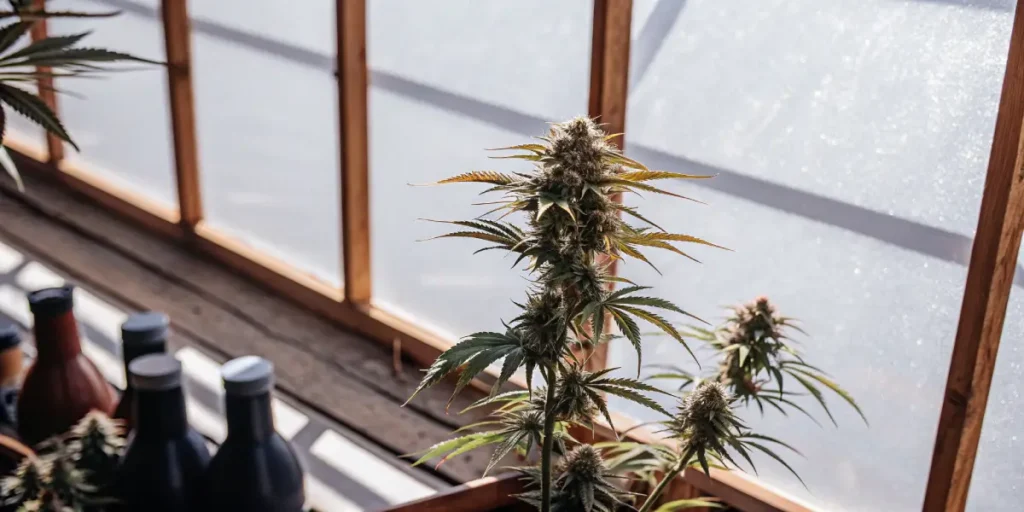 Cannabis plant flowering under bright natural greenhouse lighting with nutrient bottles in the background.