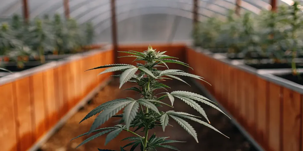 cannabis plant growing in greenhouse with wooden structure and natural light