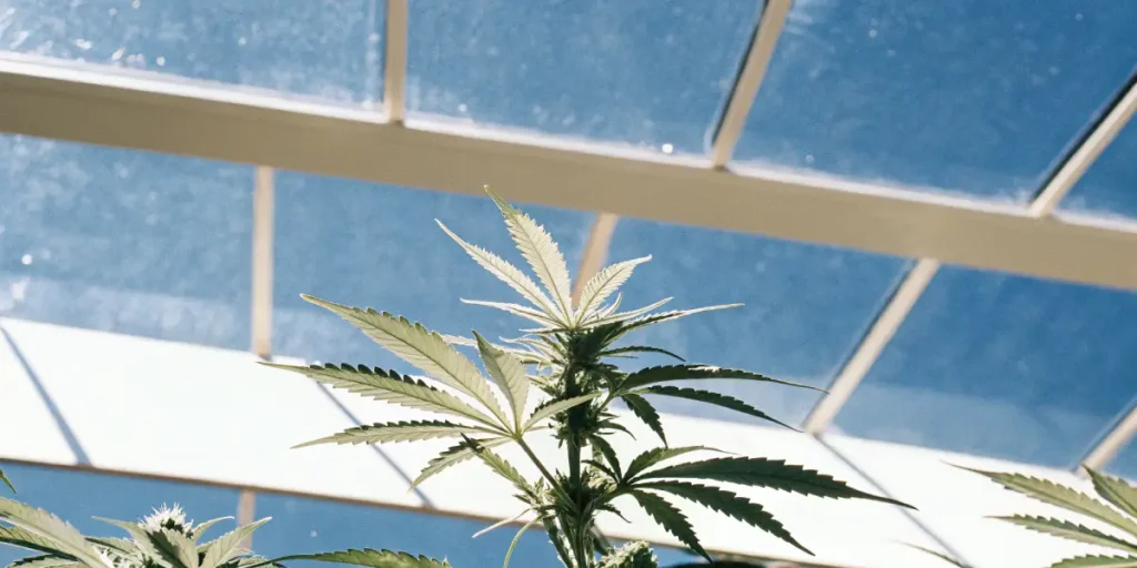 cannabis plant growing toward sunlight inside modern greenhouse