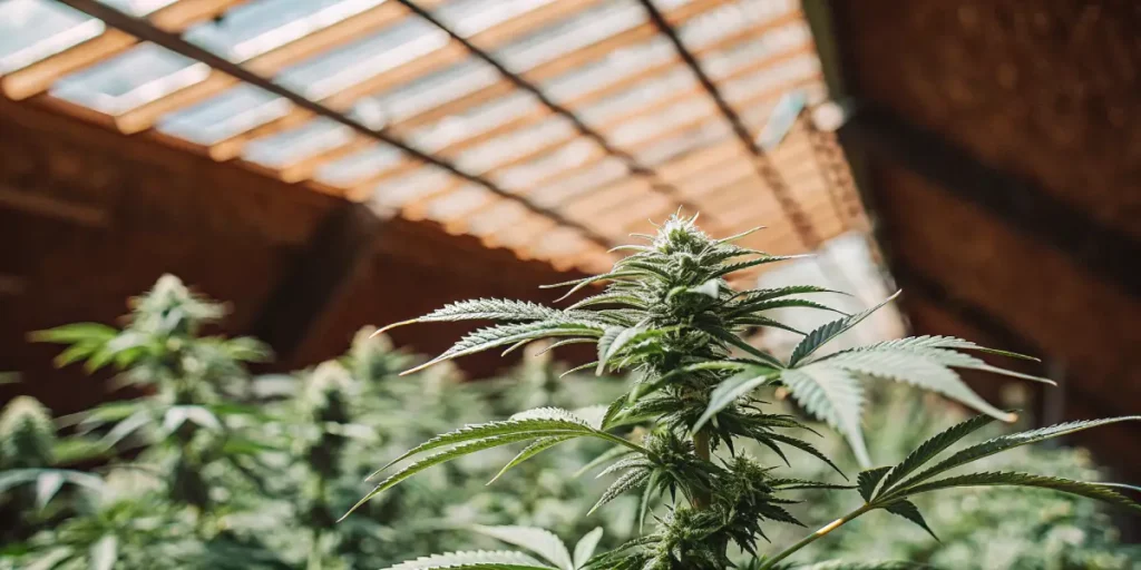 cannabis plant growing under wooden greenhouse roof