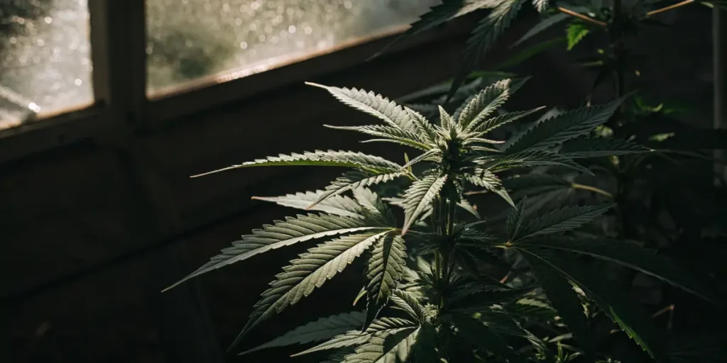 cannabis plant in early flowering stage in greenhouse