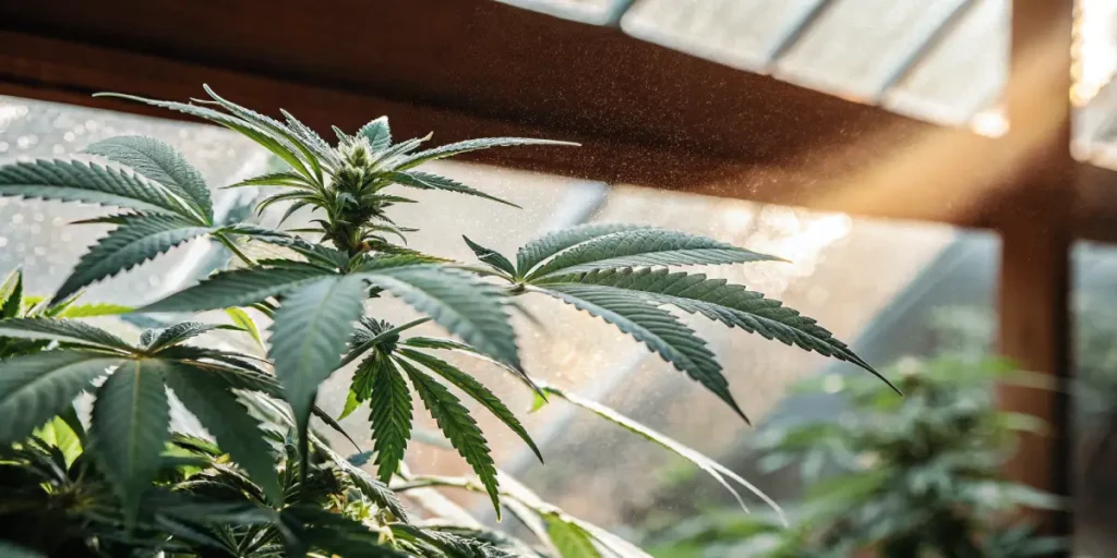 Cannabis plant absorbing sunlight inside a greenhouse with soft mist and warm rays in the background.