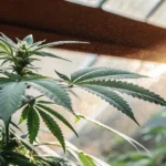 Cannabis plant absorbing sunlight inside a greenhouse with soft mist and warm rays in the background.