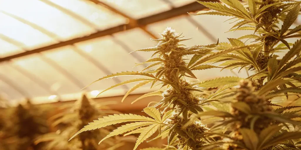 cannabis plant in greenhouse under warm sunlight during flowering stage