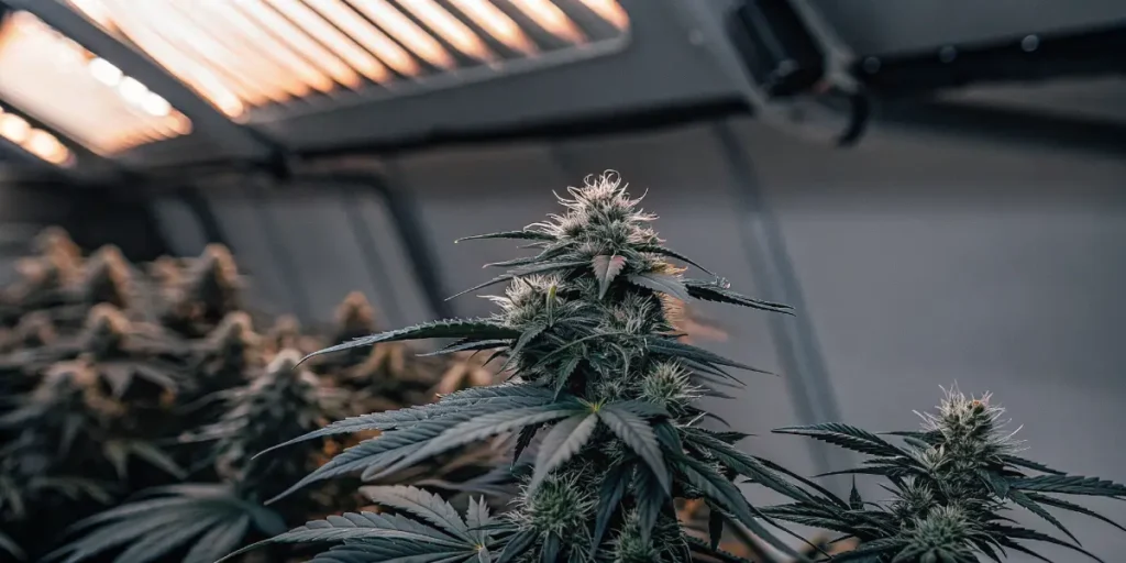cannabis plant under artificial light in indoor grow room
