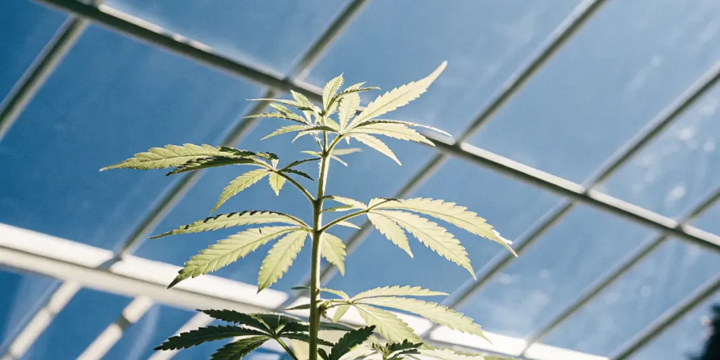Light green cannabis plant reaching toward the sky inside a bright greenhouse with sunlight illuminating its leaves.