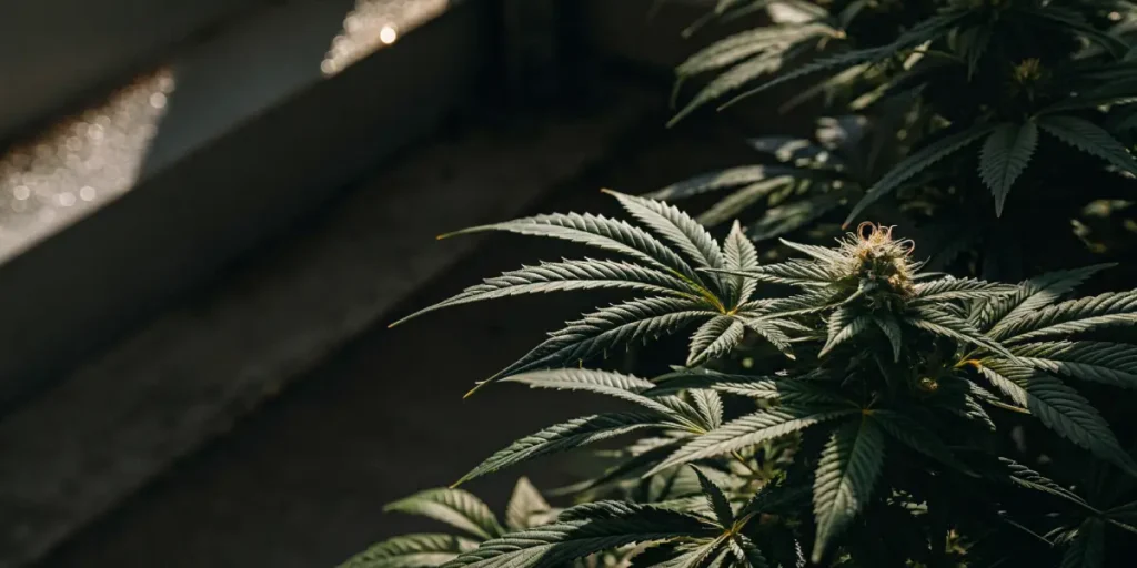 cannabis plant with green leaves in sunlit greenhouse