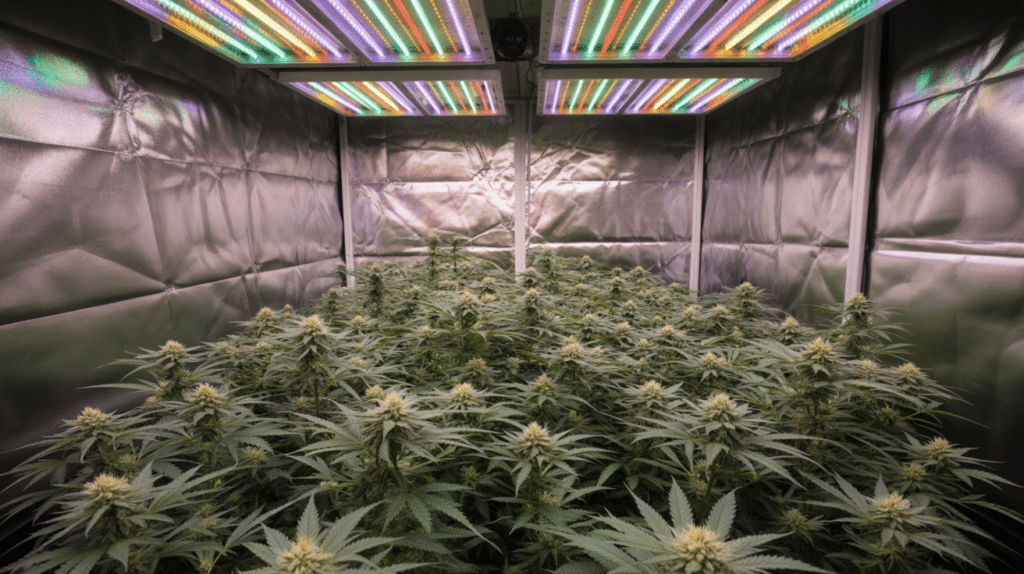 Cannabis plant yellowing leaves late flowering with mature buds and natural nutrient fade