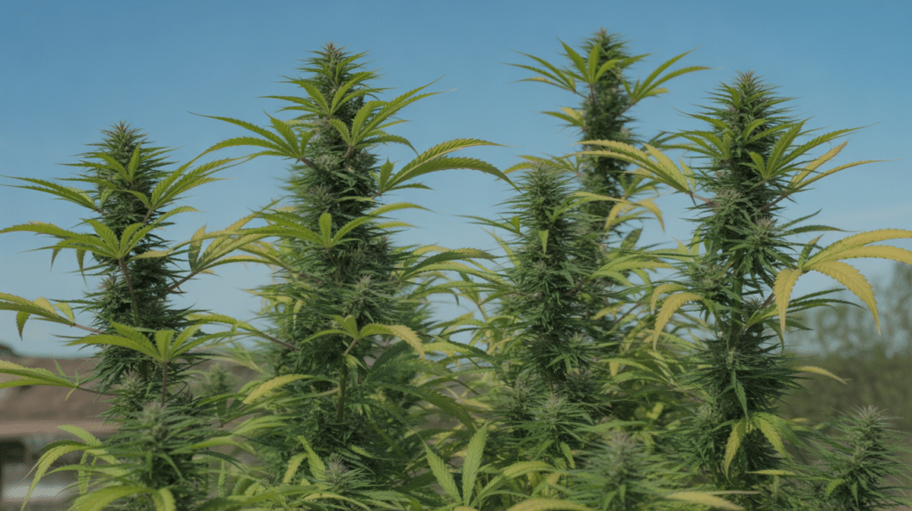 Cannabis plants blue sky flowering with multiple resinous colas and healthy green leaves