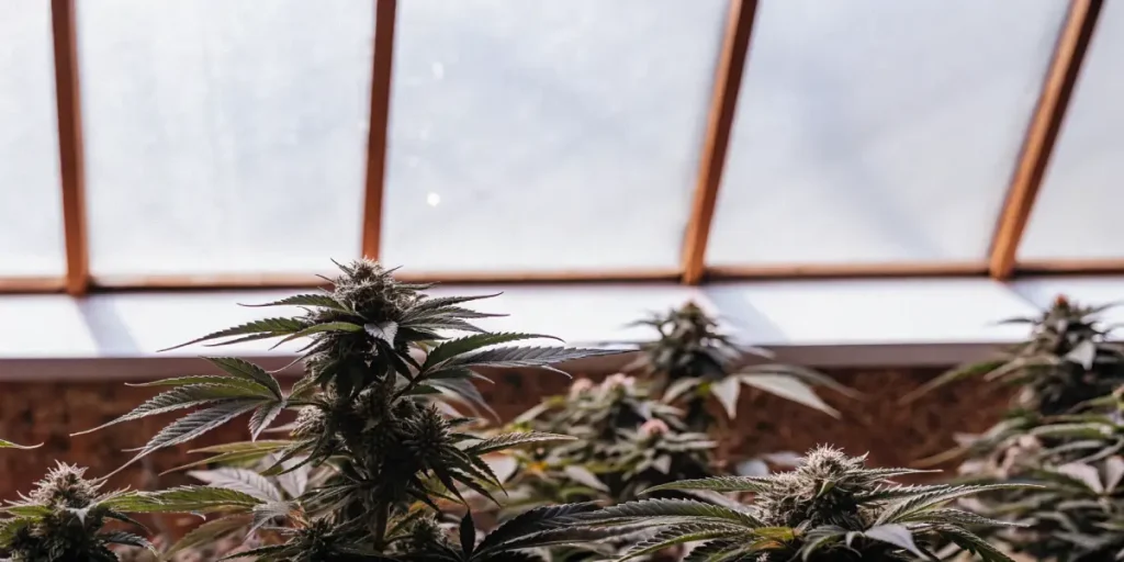 Cannabis plants flowering greenhouse with dense buds growing under soft natural light from a glass roof.