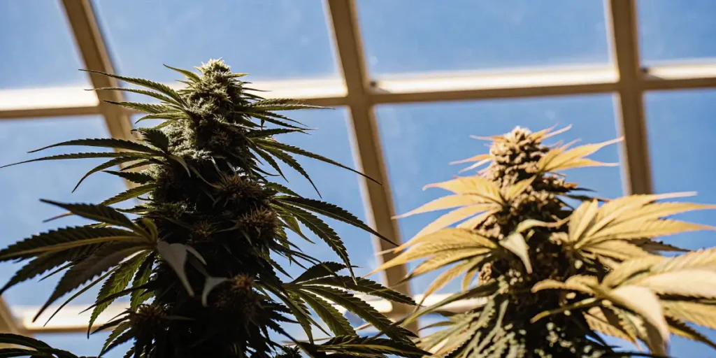 Two flowering cannabis plants under a sunlit greenhouse roof, showcasing contrasting leaf colors.
