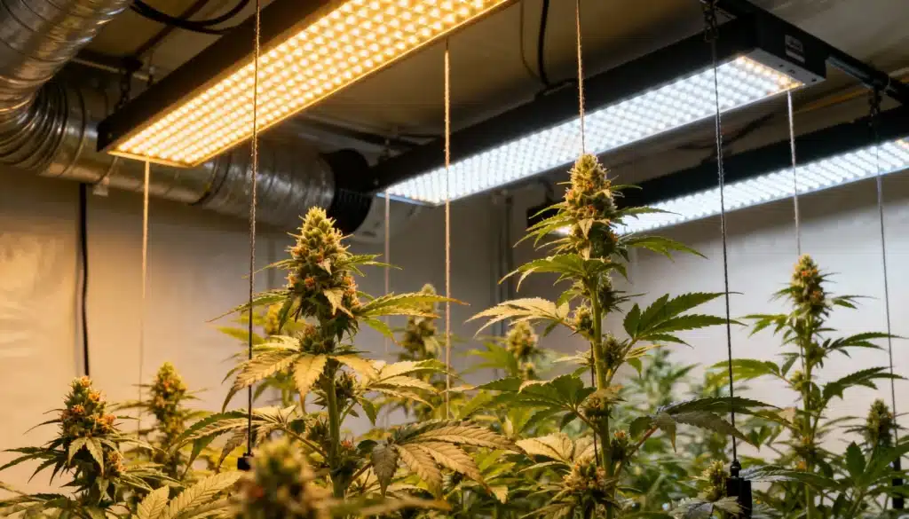 Cannabis plants under hanging LED grow lights in an indoor facility with dense buds and controlled ventilation.