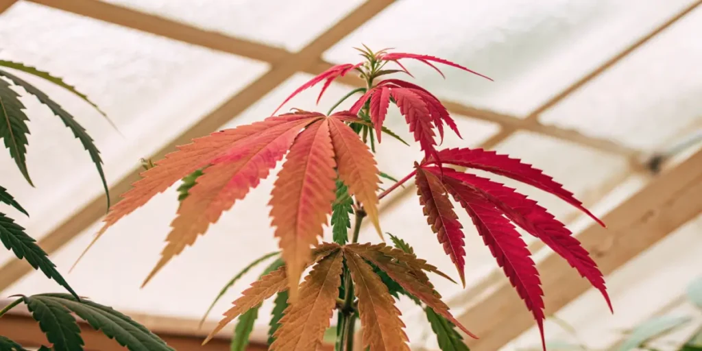 Cannabis plant displaying red and orange leaves inside a bright greenhouse.