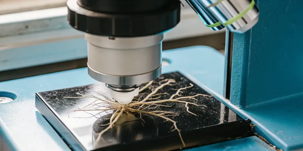 Close-up view of cannabis roots being examined under a laboratory microscope for scientific analysis.