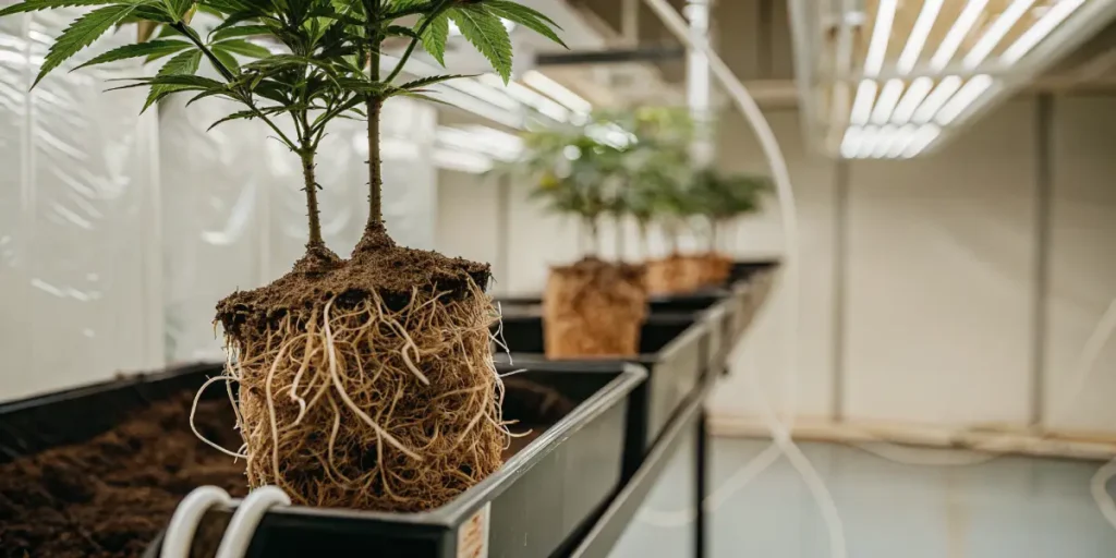 Cannabis root ball exposed with dense white roots in an indoor cultivation setup.