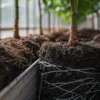 A close-up look at a cannabis rootball being prepared for transplanting, with dense white roots wrapped around rich soil. Several young plants are arranged in a row inside a greenhouse bed, highlighting the early stages of structured cultivation.
