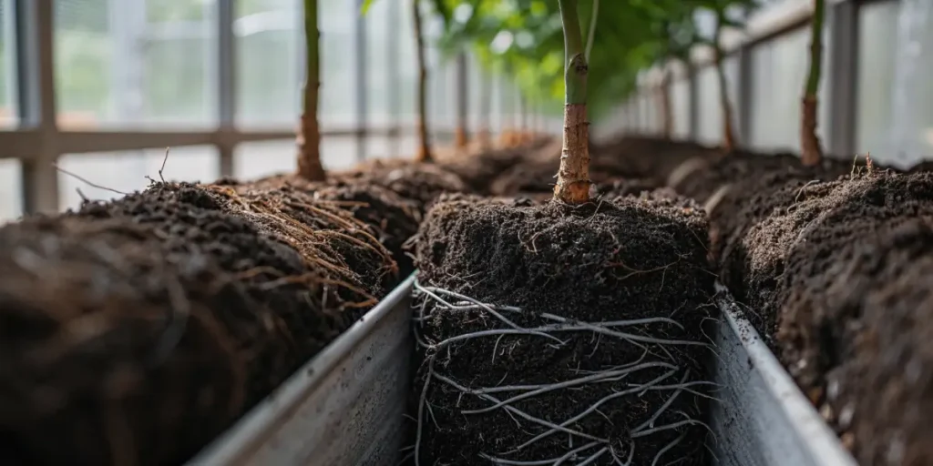 A close-up look at a cannabis rootball being prepared for transplanting, with dense white roots wrapped around rich soil. Several young plants are arranged in a row inside a greenhouse bed, highlighting the early stages of structured cultivation.