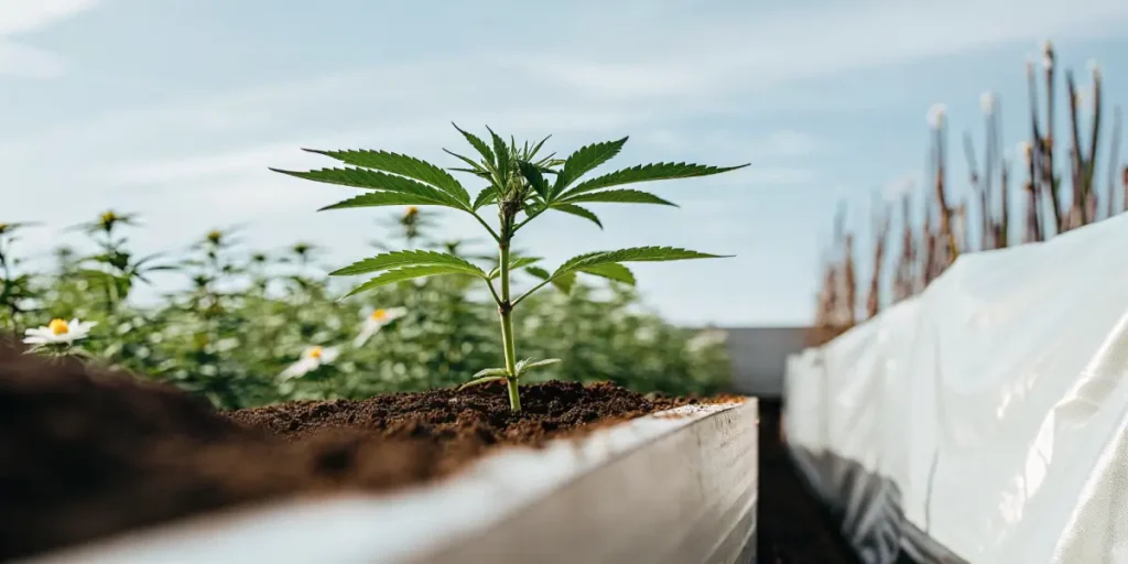cannabis seedling in elevated garden bed