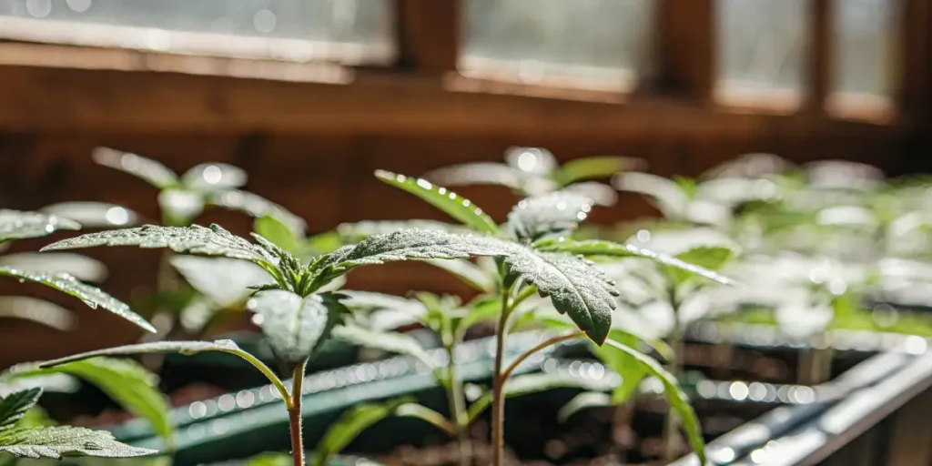 cannabis seedlings with water drops in greenhouse