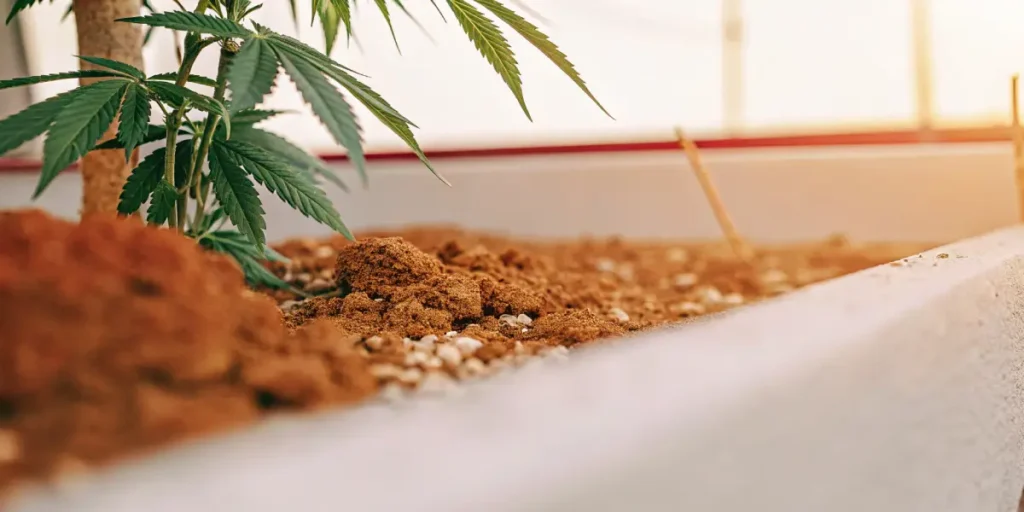 Close-up of cannabis plant growing in nutrient-rich soil inside a greenhouse.