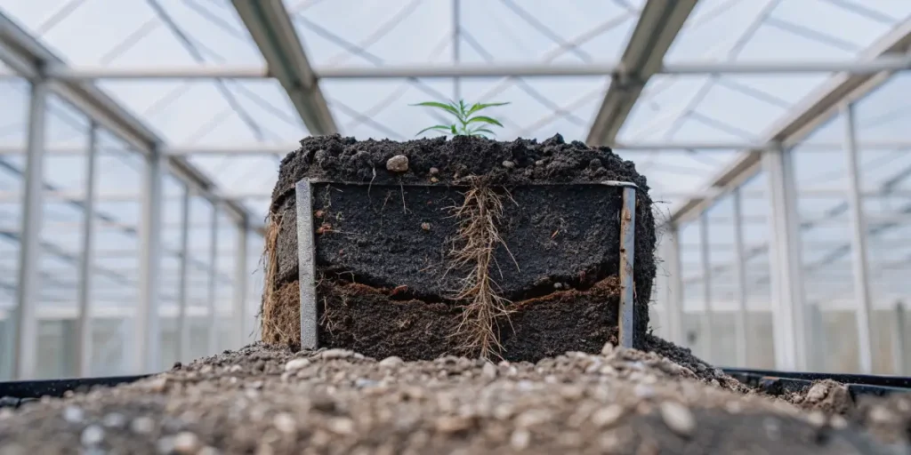 Cross-section of cannabis soil showing root development under a young cannabis seedling in a greenhouse.
