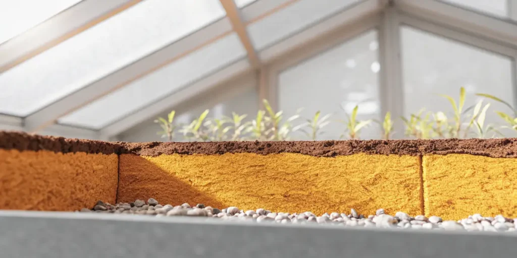 Layered soil profile in a raised bed inside a greenhouse with young cannabis plants sprouting above.