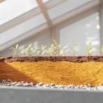 Layered soil profile in a raised bed inside a greenhouse with young cannabis plants sprouting above.