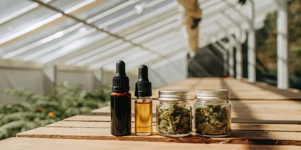 Cannabis tincture bottles and glass jars filled with dried buds arranged on a wooden table in a greenhouse.