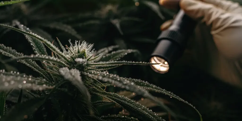 cannabis trichomes under microscope with flashlight