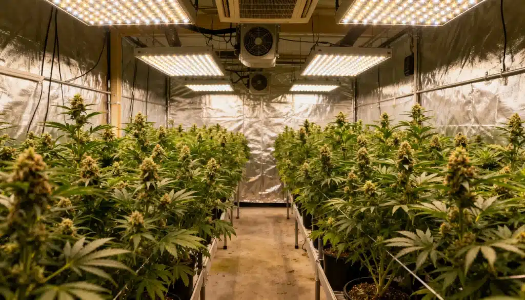 Commercial indoor cannabis grow facility with flowering plants under LED panels and controlled climate.