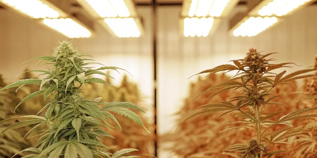 comparatif cannabis plantes vertes et rouges sous éclairage led en salle de culture
