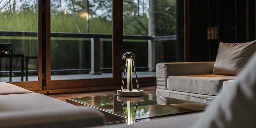 Contemporary LED lamp on a reflective coffee table in a stylish living room interior.