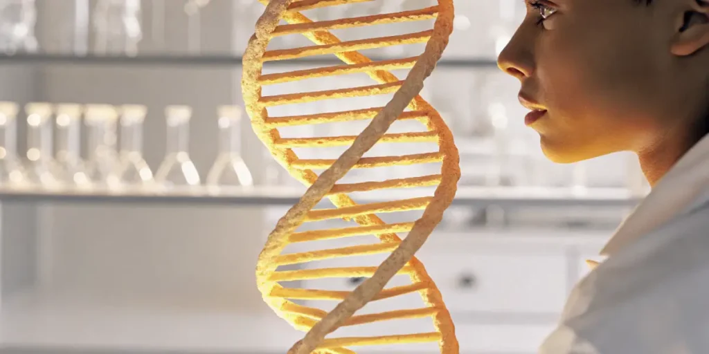 Close-up of a glowing DNA double helix model with a scientist observing it in a laboratory environment.