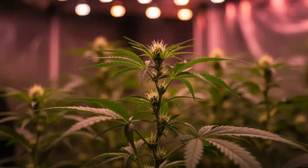 Early flowering cannabis plant under grow lights with visible pistils and healthy green leaves.