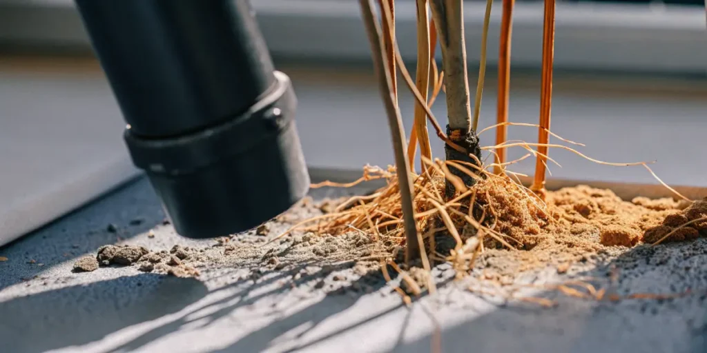 Detailed shot of exposed plant roots receiving controlled airflow during a soil analysis process.