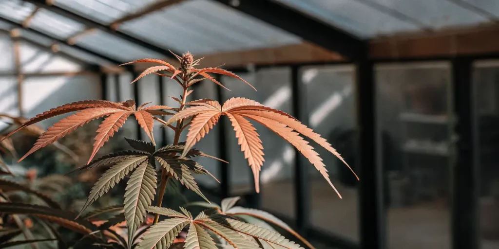 feuillage rouge cannabis en serre avec feuilles colorées sous lumière naturelle