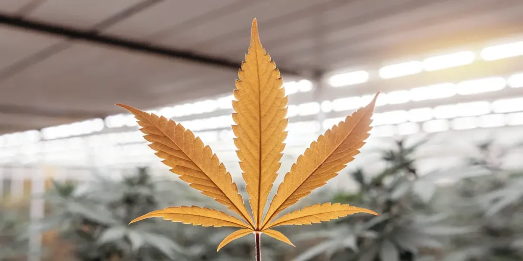Feuille de cannabis jaune indiquant un déséquilibre nutritif sous lumière de serre.