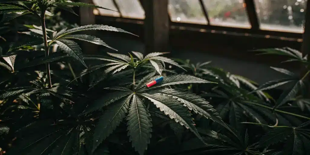 Close-up of a fresh cannabis leaf with a red and blue capsule resting on it inside a greenhouse.