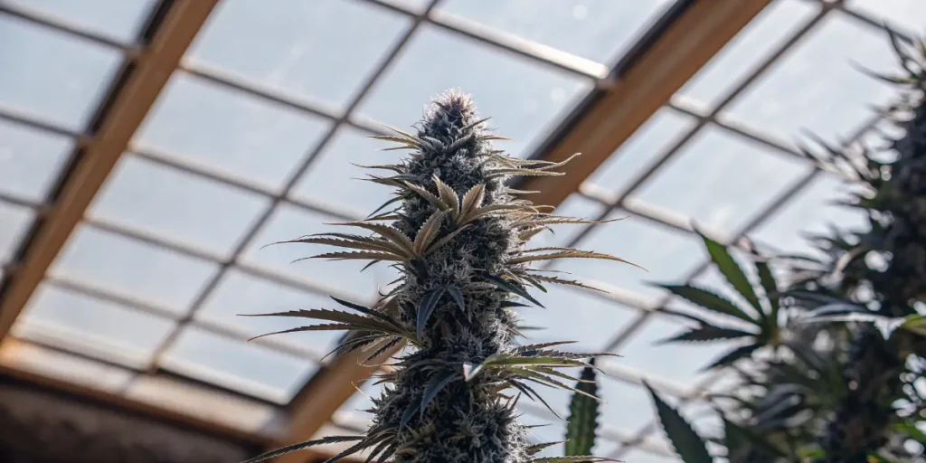 frosty cannabis bud in greenhouse under natural light