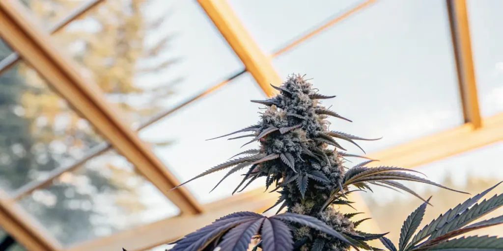 frosty cannabis bud in sunlit greenhouse