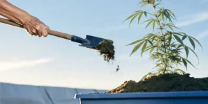 Gardener using a shovel to mix rich soil for a young outdoor cannabis seedling under clear blue sky