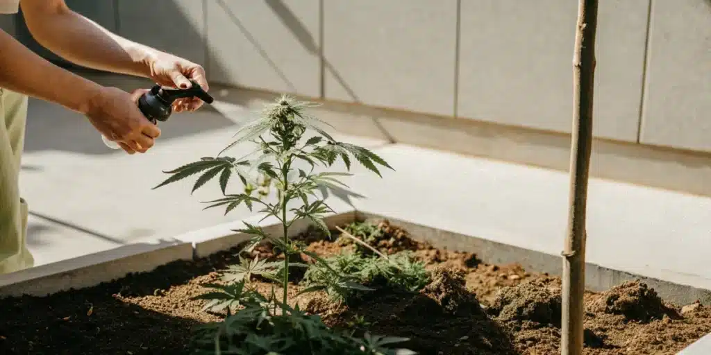 gardener spraying cannabis plant with natural foliar solution outdoors