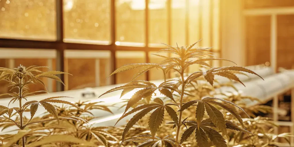 Golden cannabis plants sunlit greenhouse glowing under warm afternoon light in a controlled grow room.